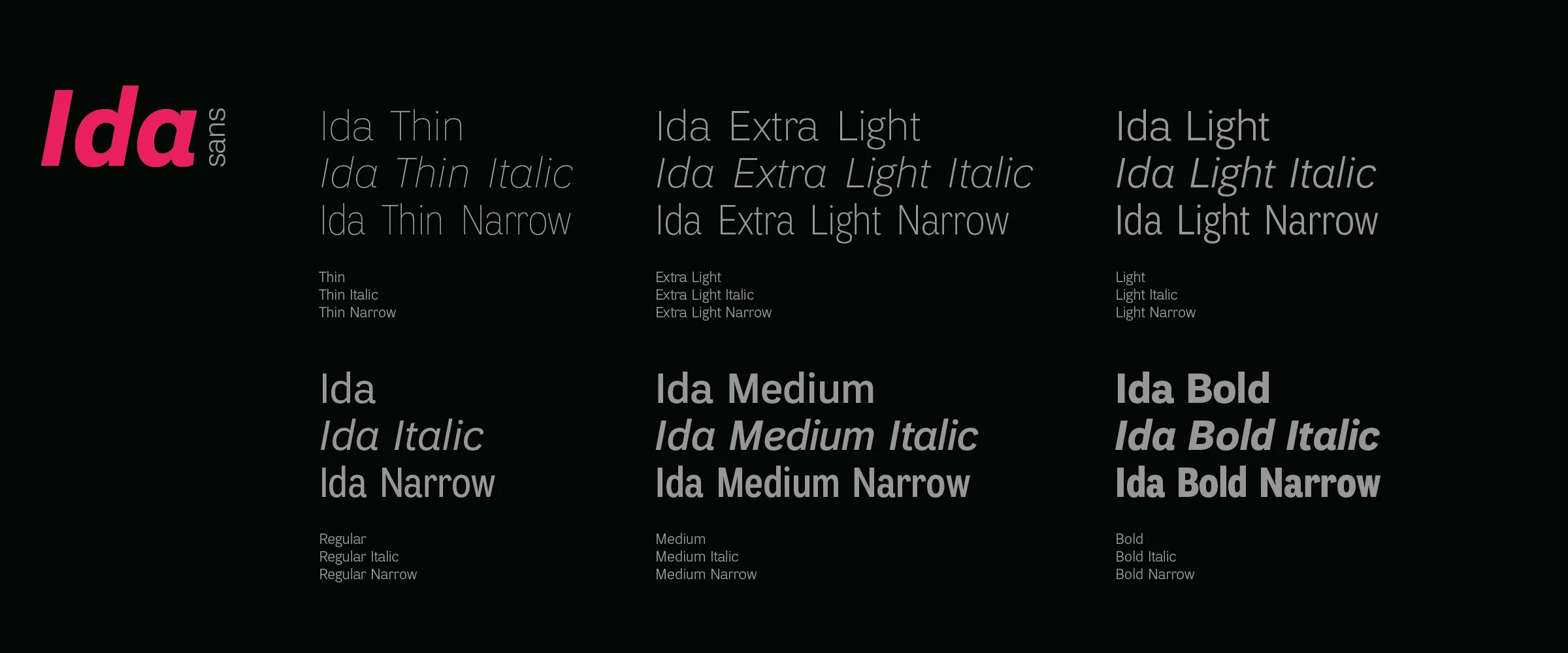 The family on black: eighteen styles from Thin to Bold, with italics and Narrow widths