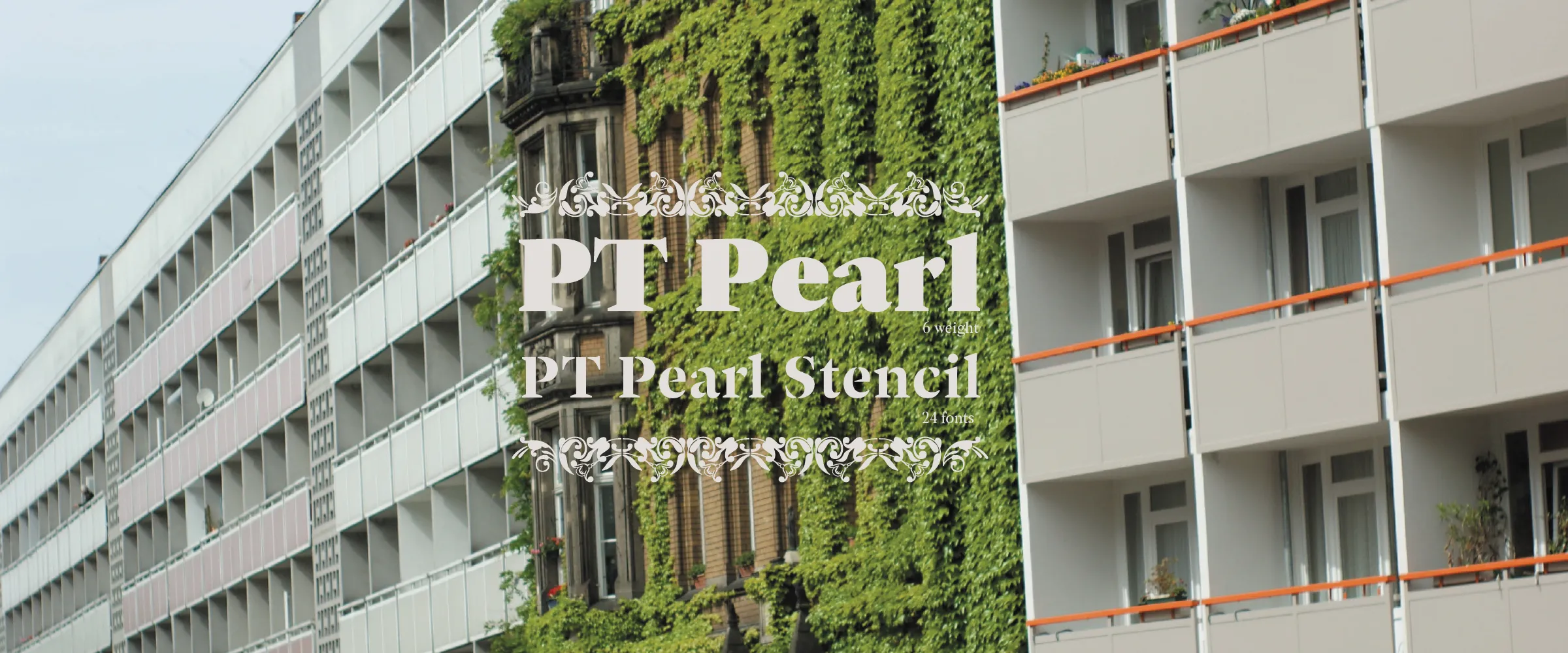 PT Pearl and PT Pearl Stencil set over a photograph of a building facade: six weights, 24 fonts