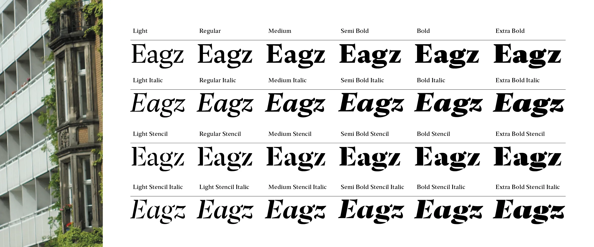 The complete family: six Roman weights with italics, and the matching Stencil styles