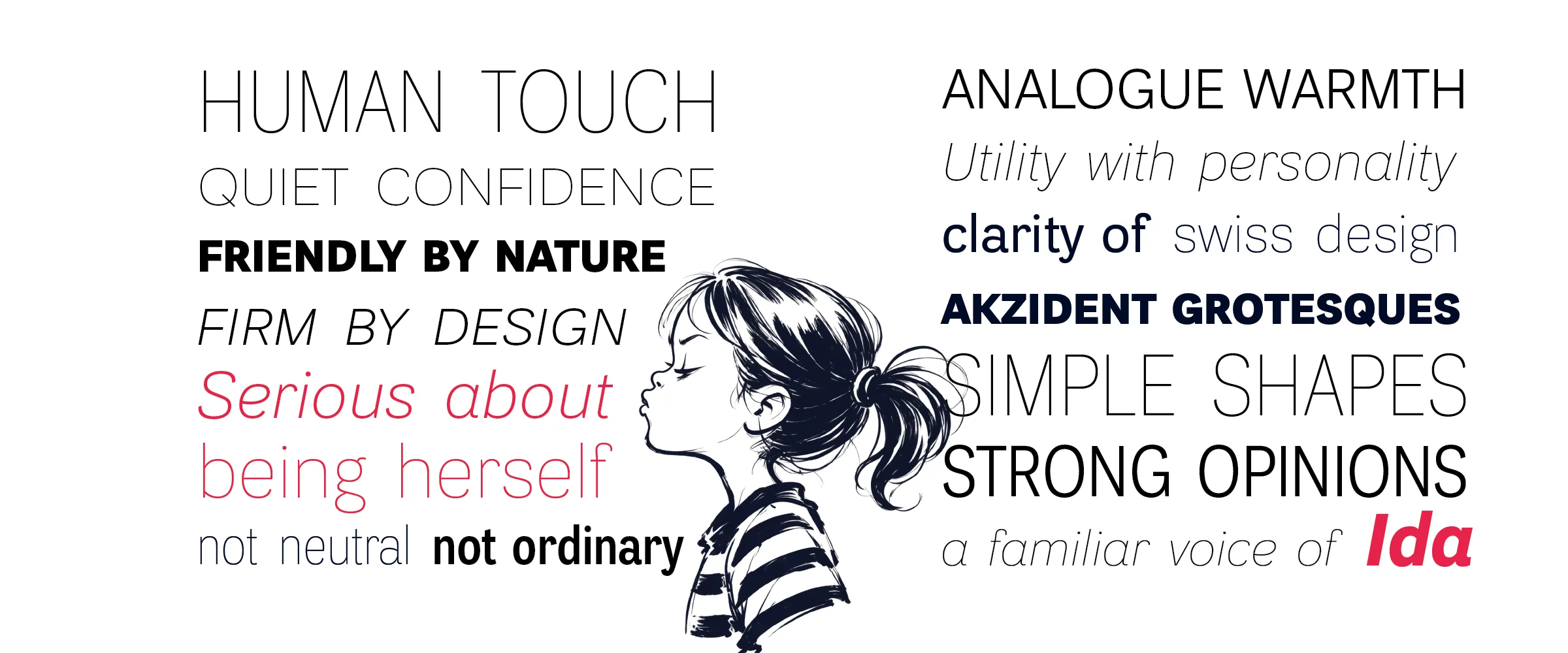Words setting out the character of the family: human touch, quiet confidence, analogue warmth, utility with personality