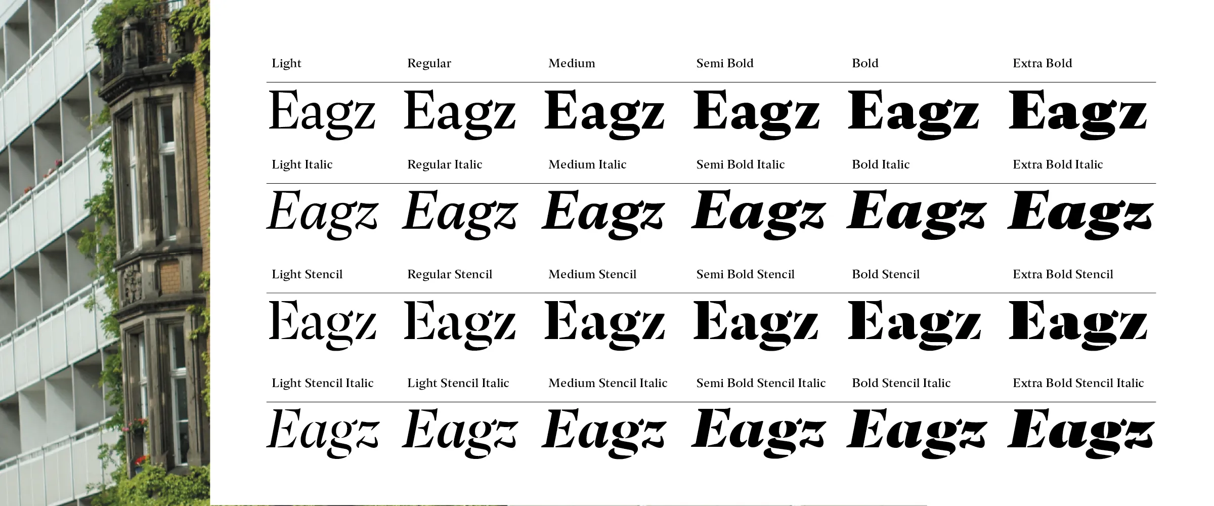 The complete family: six Roman weights with italics, and the matching Stencil styles