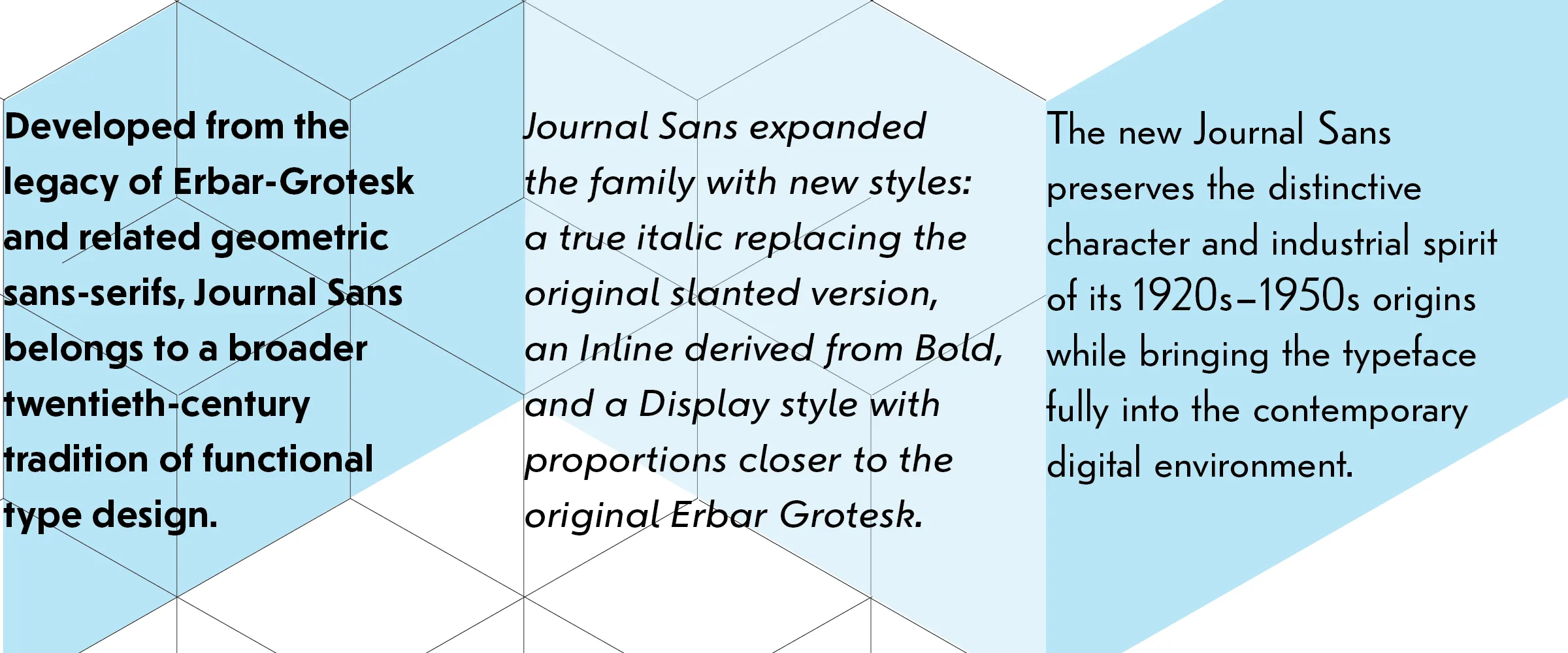 Three columns of text setting out the Erbar-Grotesk lineage, the new styles and the preserved industrial character