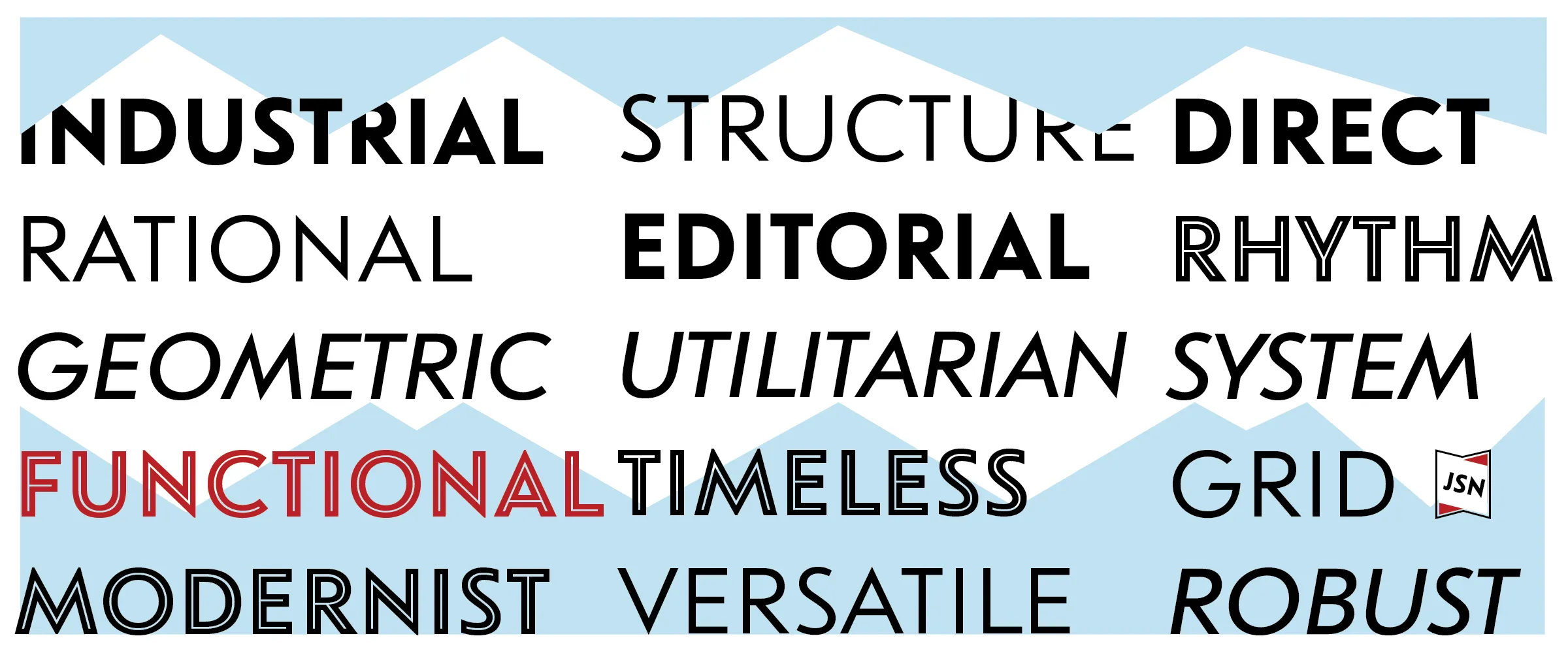 Word specimen in Regular, Bold, Italic and Inline: industrial, rational, geometric, editorial, functional