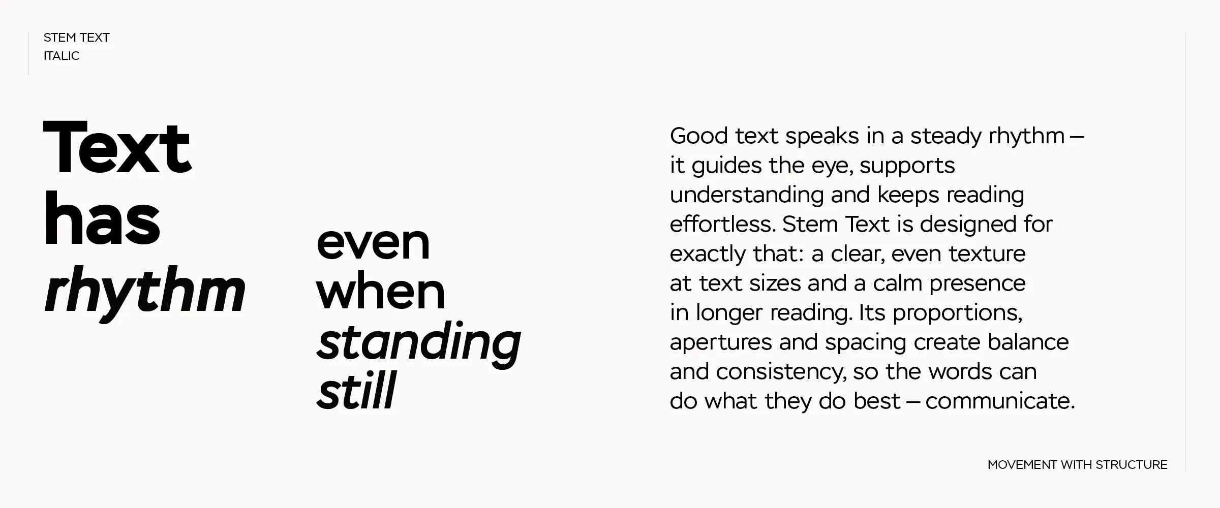 An editorial spread: “Text has rhythm, even when standing still”, with a paragraph on the even texture of the family