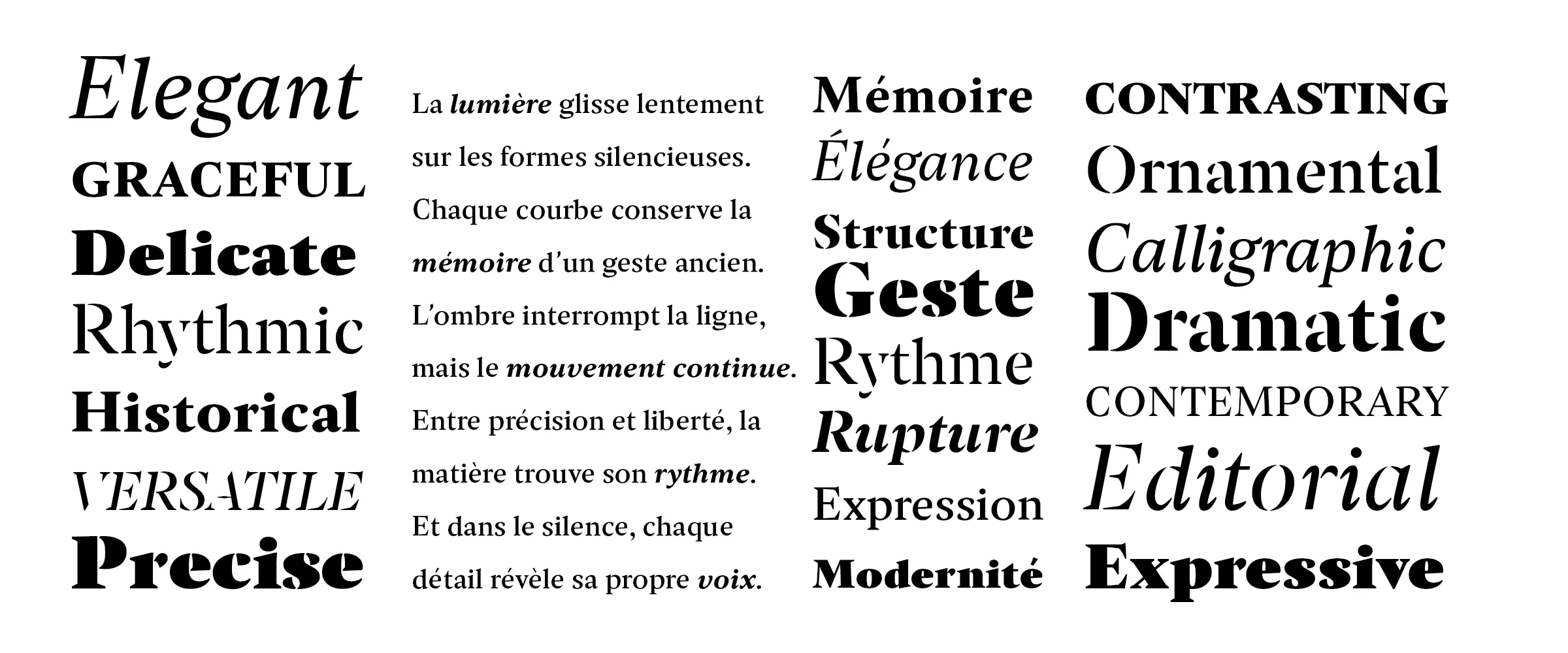 Word specimen: Elegant, Graceful, Delicate, Mémoire, Calligraphic, Editorial, Expressive