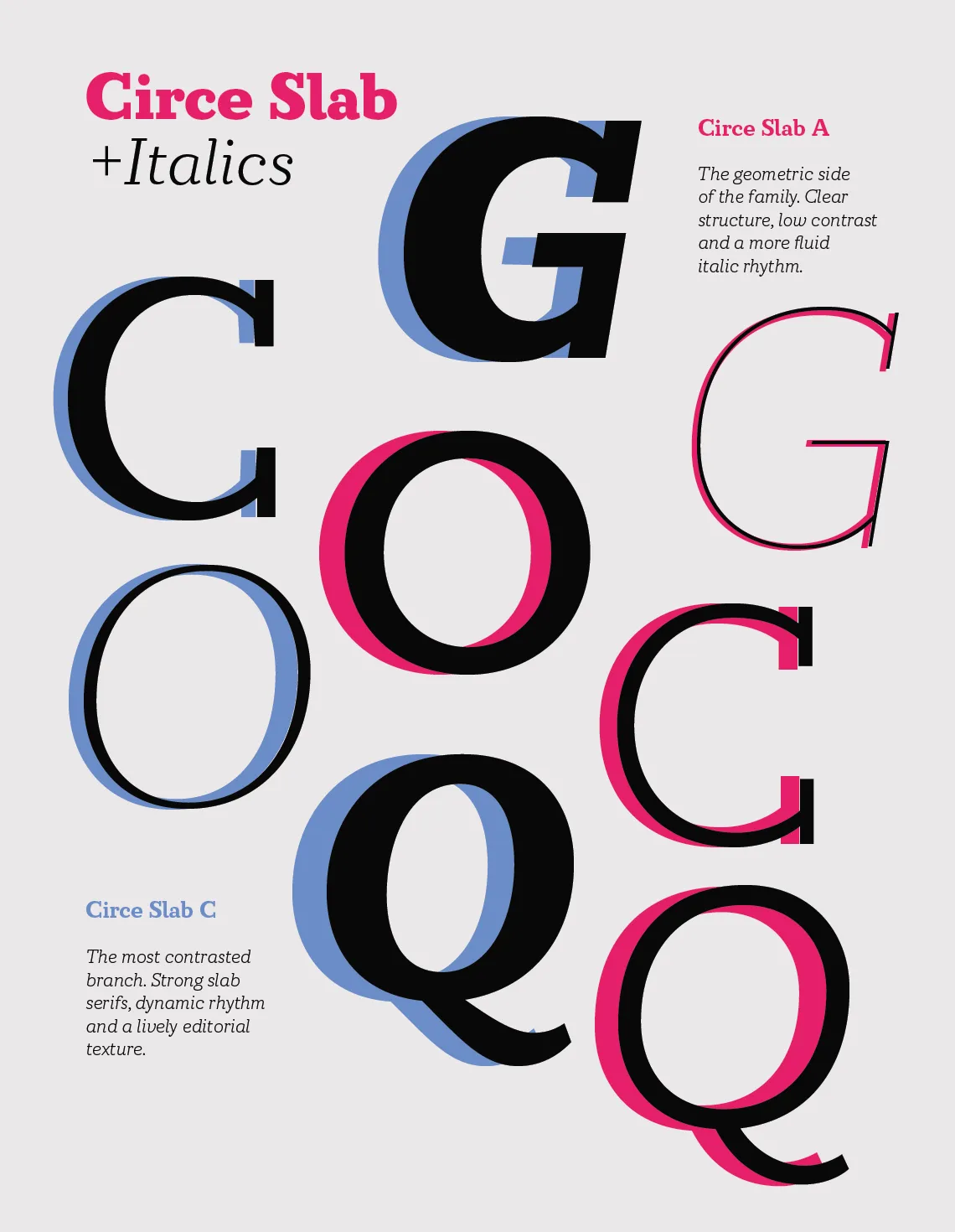A second poster: the same letters in black, cornflower blue and magenta on a pale ground