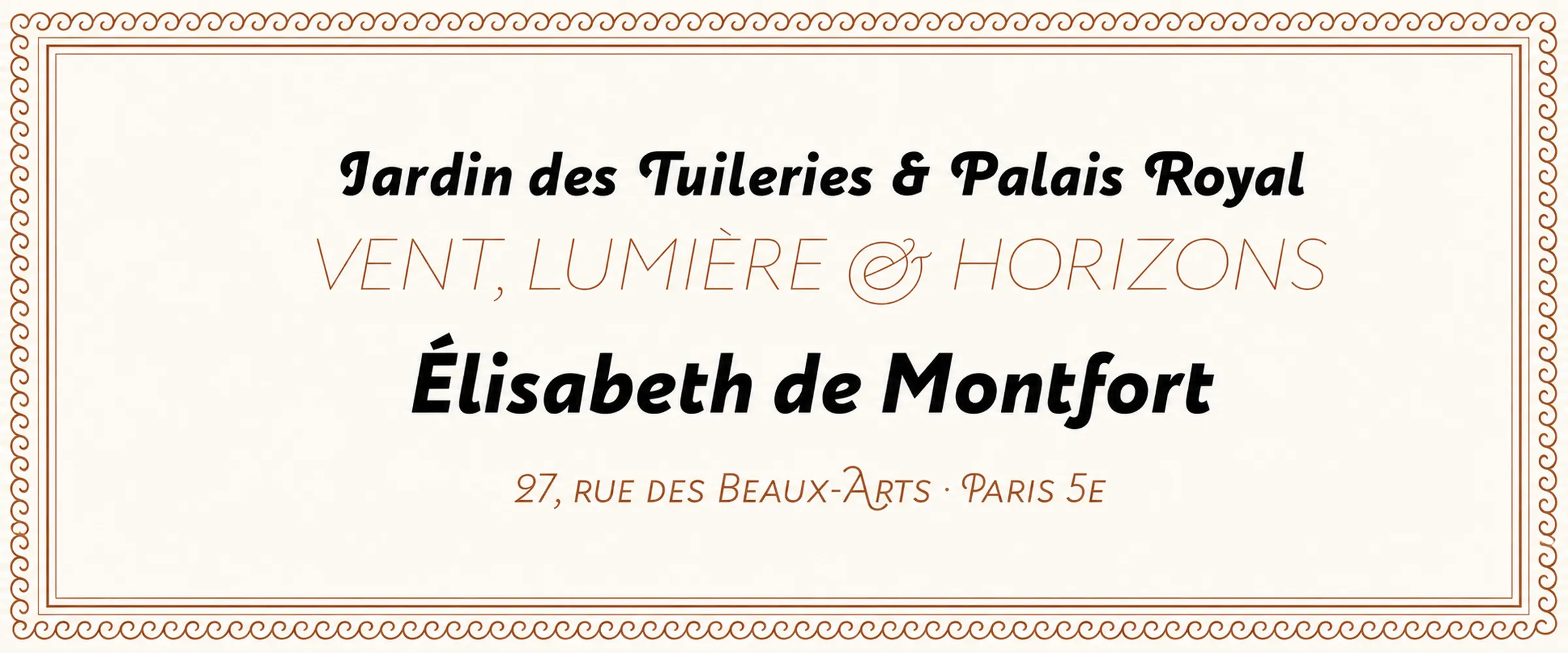 An ornamented invitation card set in the italic with swash capitals: “Jardin des Tuileries &amp; Palais Royal”