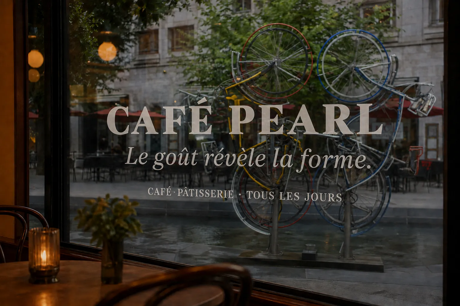 Café Pearl: window signage in Roman and Italic
