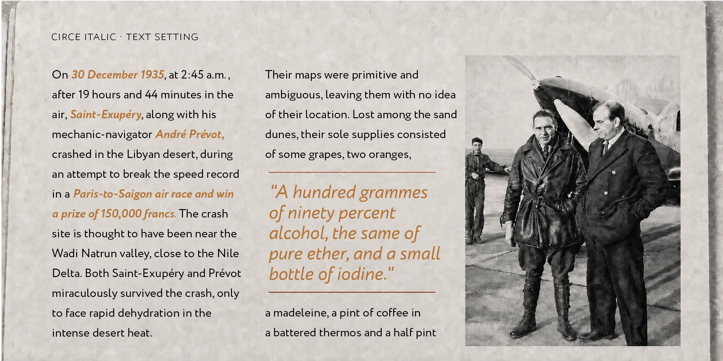 Circe Italic in an editorial text setting: a three-column page with a pull quote and an archive photograph