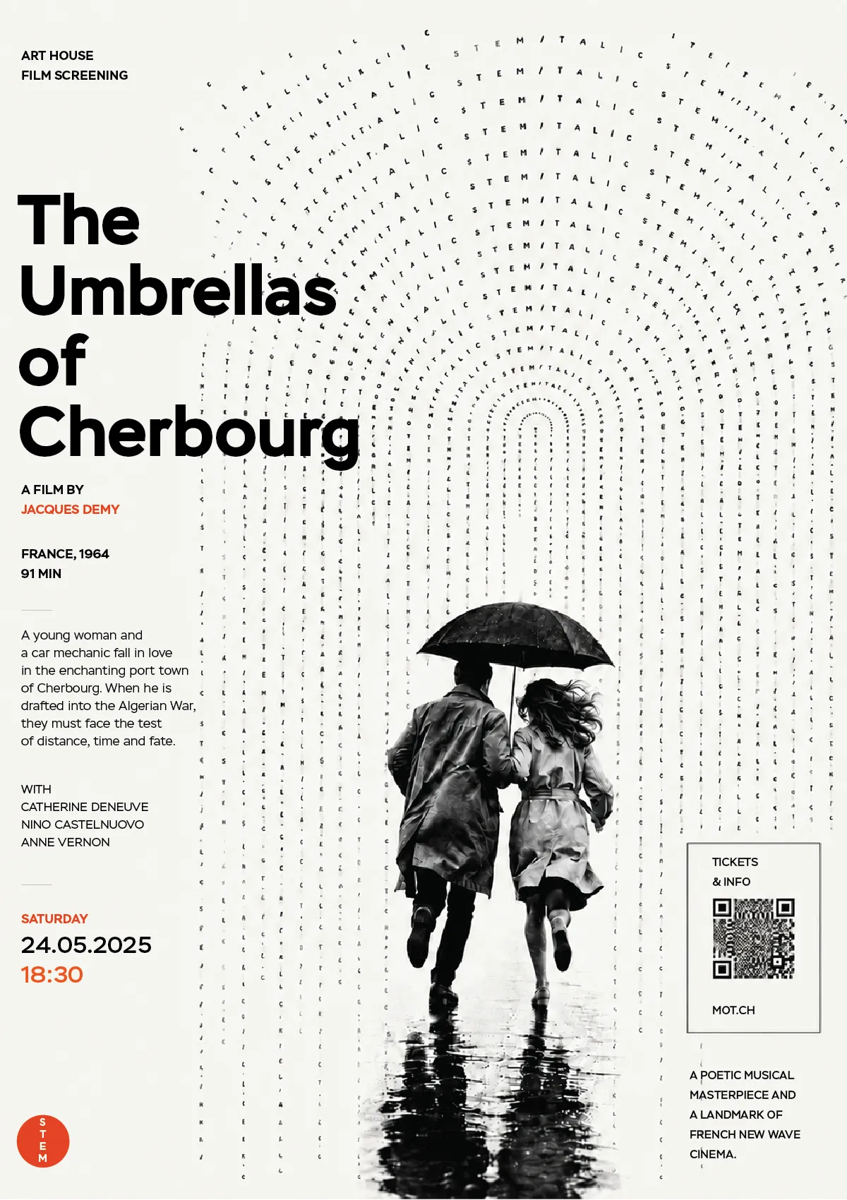 A film poster for The Umbrellas of Cherbourg, its title set in the family above a photograph, with a dotted arch of concentric rings behind