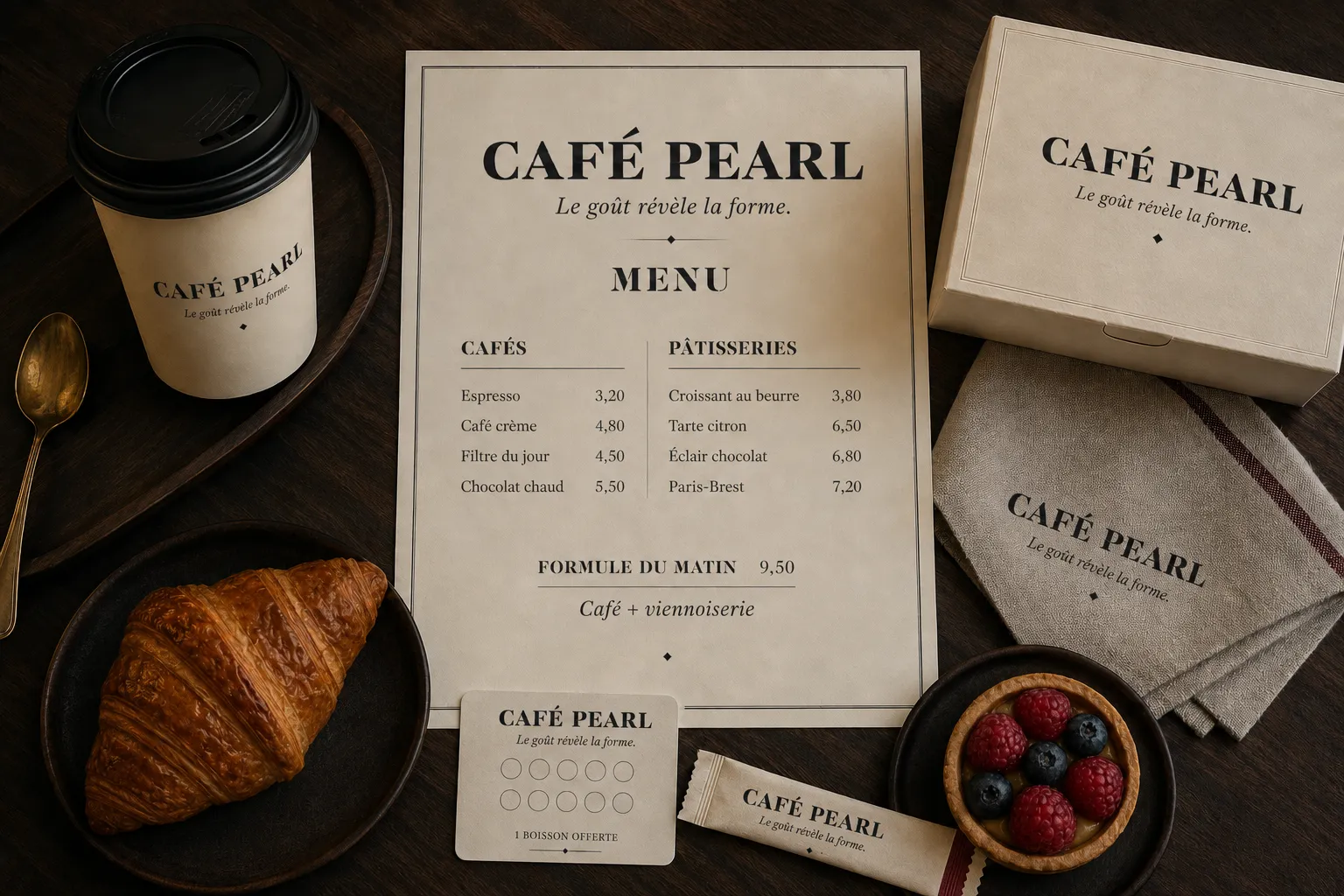 Café Pearl: menu, packaging and stationery