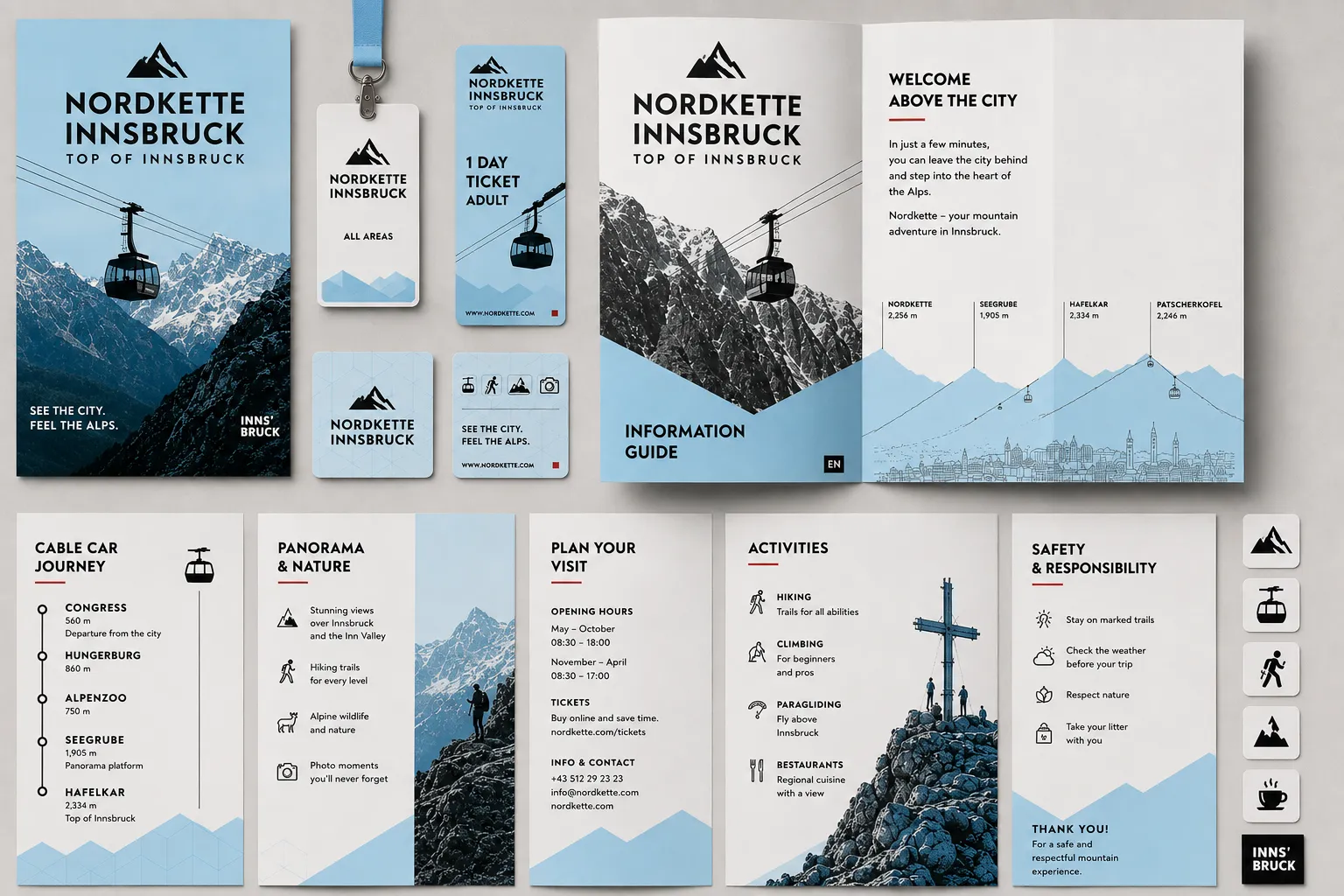 Identity application: Nordkette Innsbruck — poster, tickets, information guide and icons