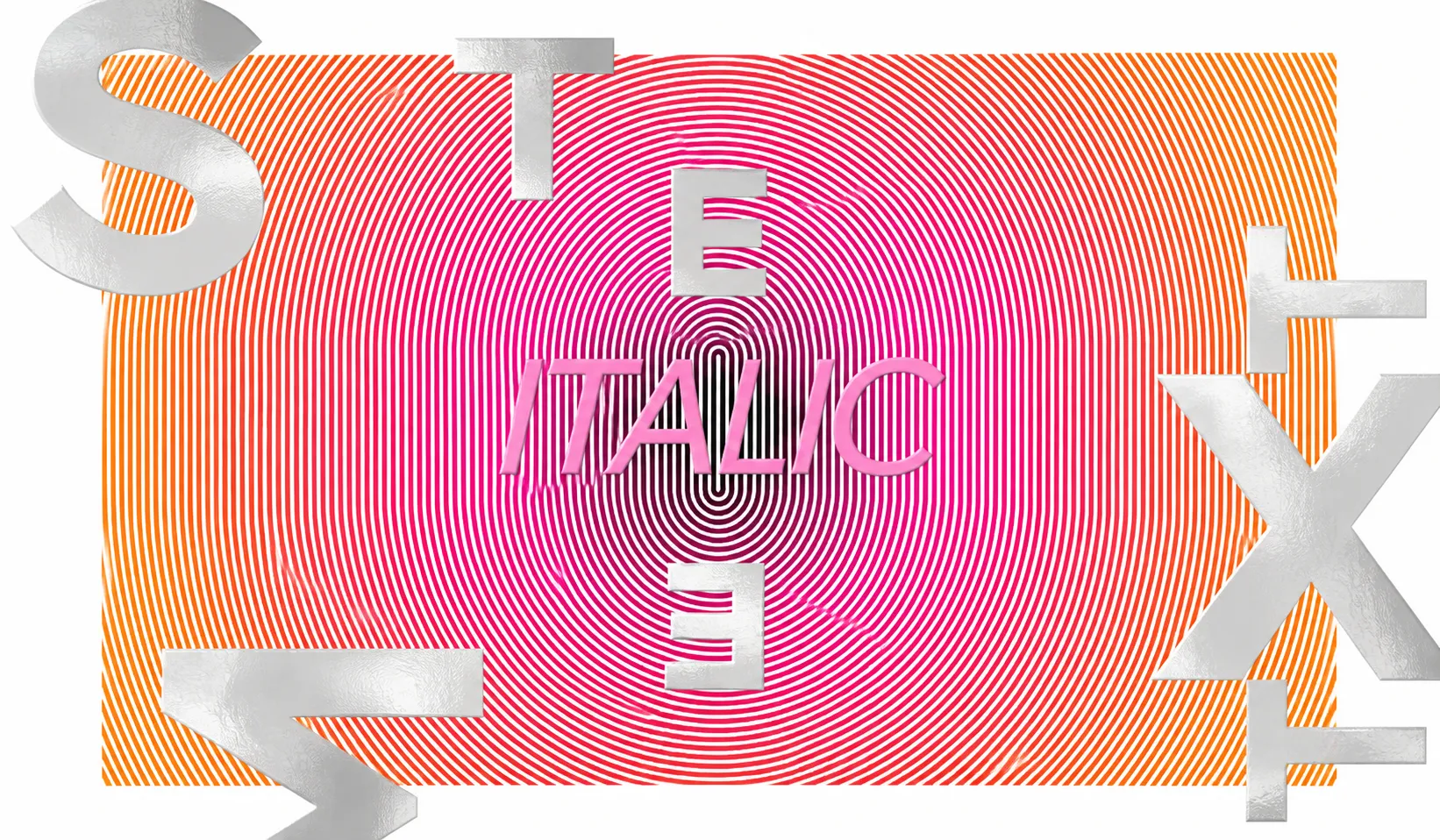 Stem Text cover: chrome letters spelling the name around a magenta and orange field of concentric rings, with ITALIC at its centre