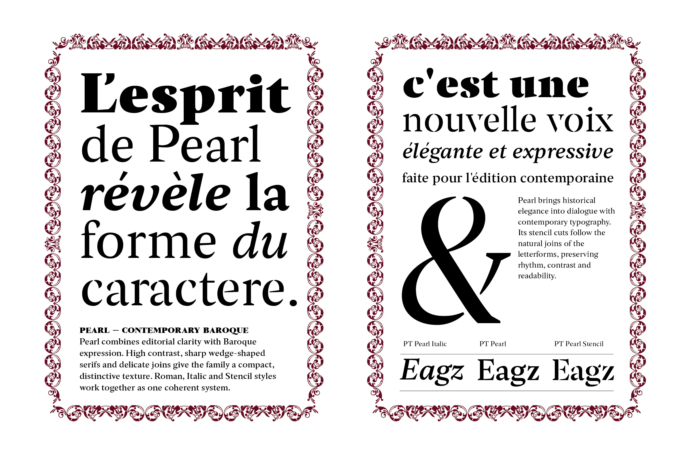 Two ornamented Pearl specimen pages: “L’esprit de Pearl révèle la forme du caractere” in Roman and Italic